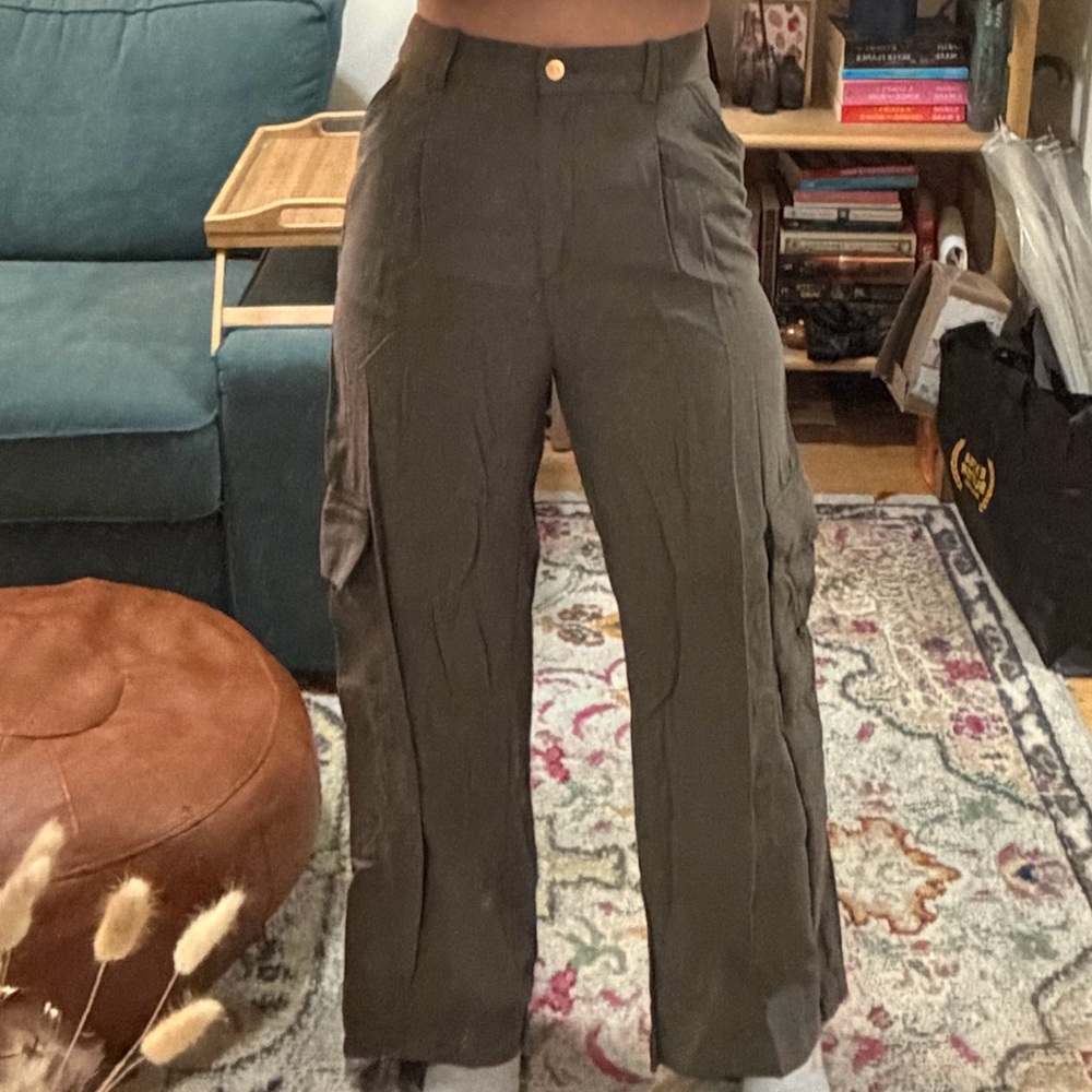 High-Rise Olive Cargo Wide-Leg Pants